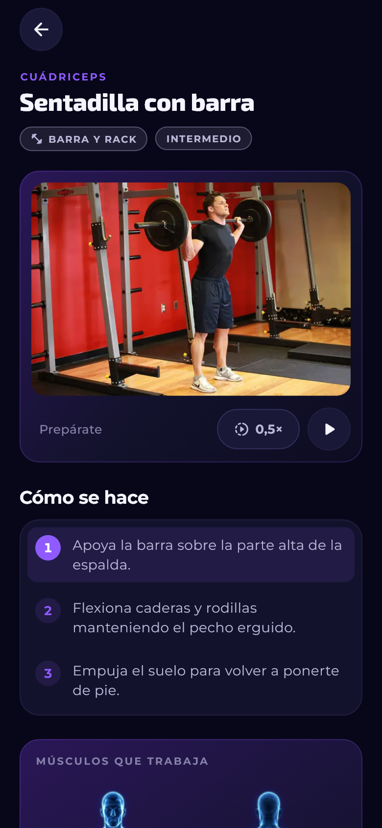 Ficha de la sentadilla con barra con la foto de la demostración y los pasos